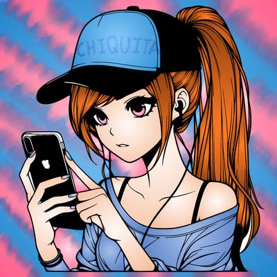 realistic girl with a long ponytail and trucker hat holding an iphone