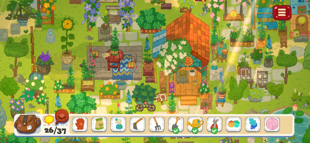 LittleAdventurerTreasureHunt - Escena de jardín dibujada a mano de Little Adventurer Treasure Hunt con objetos ocultos y herramientas de jardín