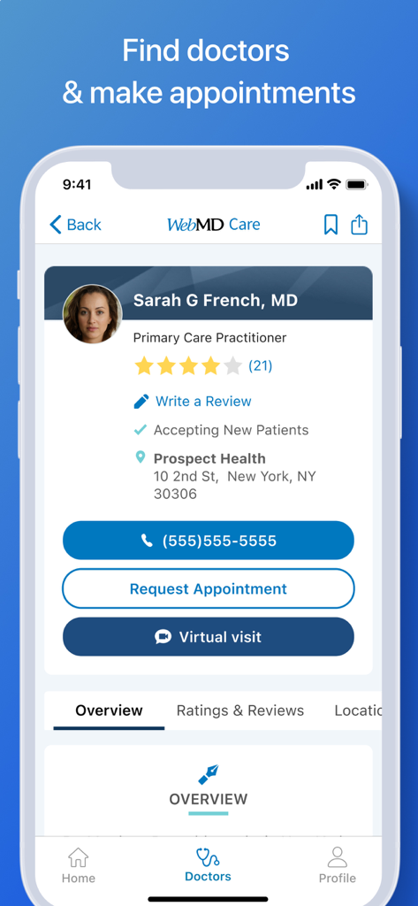 WebMD app doctor profile screen showing a primary care practitioner with options to request an appointment or a virtual visit