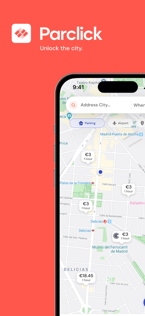 Book Parking Spaces - Parclick - Parclick app interface showing a map with available parking spots and hourly prices in Madrid