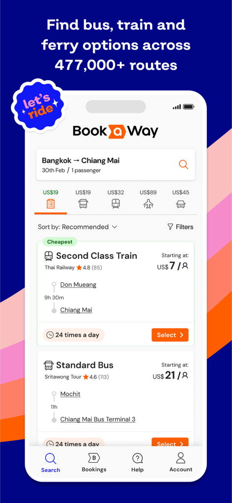 Bookaway: Bus Train & Ferry - Bookaway app interface showing search results for bus and train tickets from Bangkok to Chiang Mai.