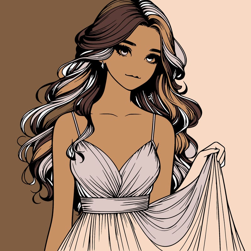 realistic girl in flowy silky prom dress