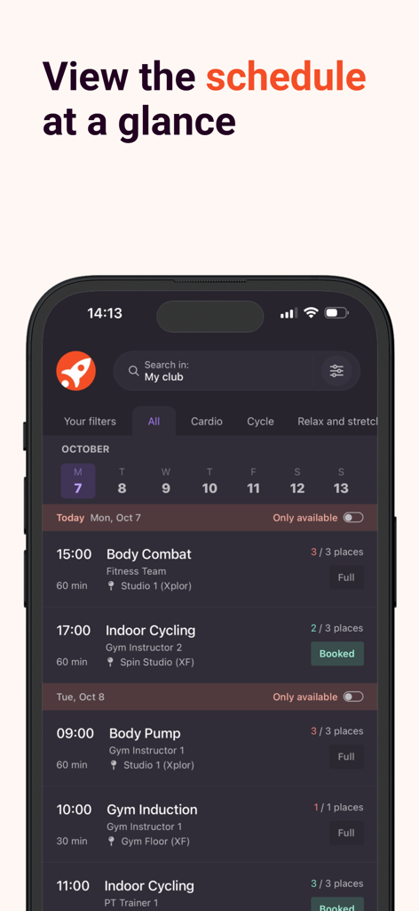 Xplor Active - Aplicativo móvel Xplor Active mostrando uma agenda de aulas de academia com disponibilidade de agendamento