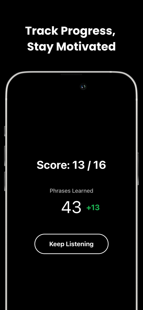 Melos - Learn Languages - A mobile screen from the Melos app showing language learning progress including a quiz score and total phrases learned.