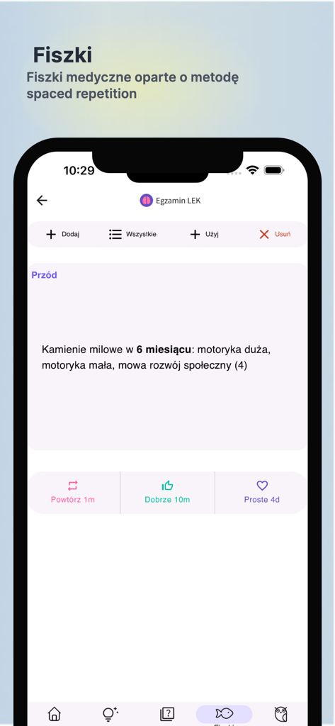 Egzamin LEK - Interfaccia dell'app Egzamin LEK che mostra flashcard mediche utilizzando il metodo di studio della ripetizione spaziata