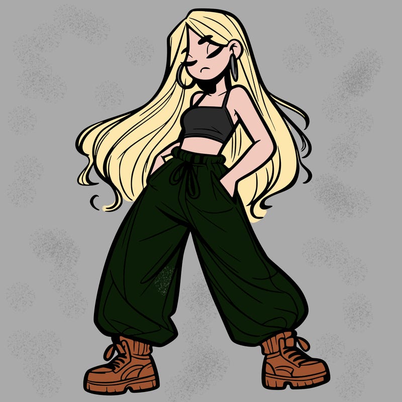 girl in baggy pants crop top and long hair