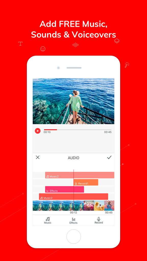 Vlogit - Video Editor - Uma tela de celular mostrando a interface do aplicativo Vlogit para adicionar efeitos sonoros de música gratuita e narrações em uma linha do tempo de vídeo.