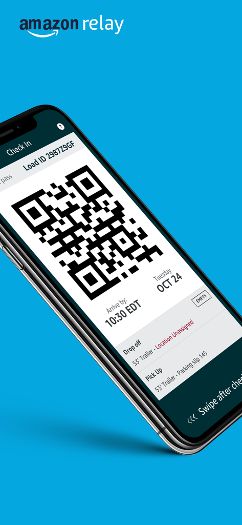 Amazon Relay - Amazon Relay app digital check-in screen with QR code for truck drivers.