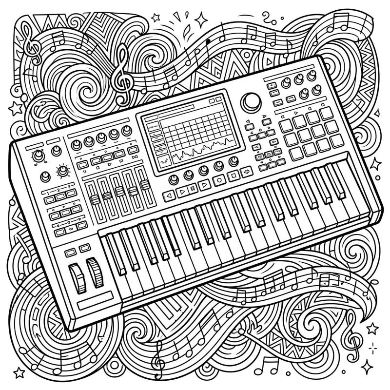 Dive into the world of music production with this incredibly detailed Keyboard Workstation coloring page. Perfect for aspiring producers, musicians, and anyone who loves intricate musical designs.