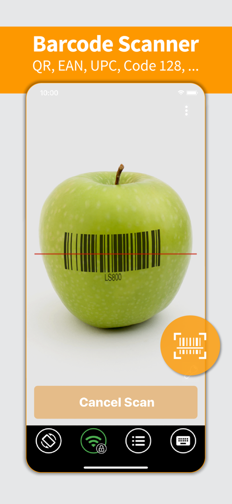 Scan-IT to Office - Scan-IT to Office mobile app interface showing a barcode being scanned on a green apple