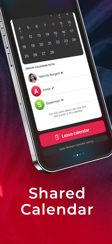 Pantalla de smartphone que muestra la interfaz del calendario compartido de la aplicación xTracker con una lista de miembros del grupo y un botón para salir del calendario
