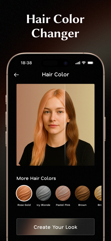 A mobile interface for Glowify app showing a split-screen AI hair color comparison on a woman's photo
