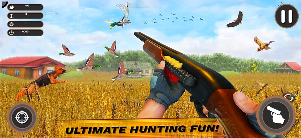 Sniper Birds Hunting 3D - Vista en primera persona de caza de aves con escopeta y un perro en un campo de trigo