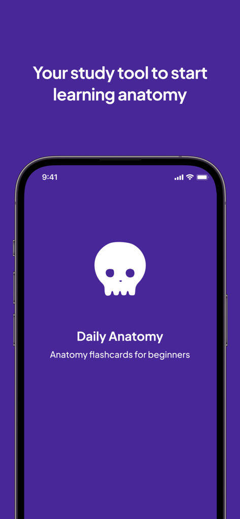 Daily Anatomy Flashcards - Pantalla introductoria de la aplicación móvil Daily Anatomy Flashcards con un icono de calavera blanca y texto de herramienta de estudio