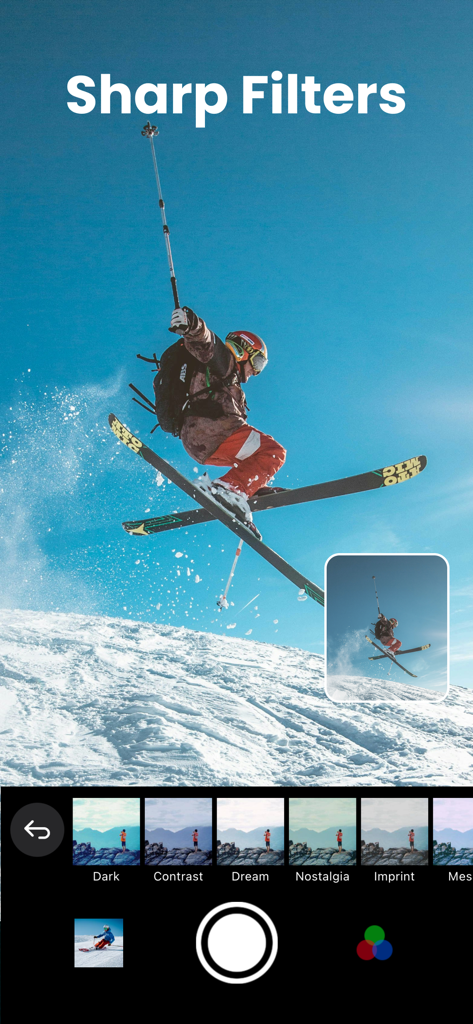 Filter Camera & Photo Editor - A person skiing in mid-air with a sharp action filter applied from the mobile photo editing app interface.