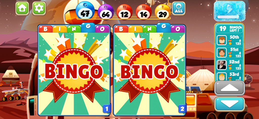 Bingo Bay - Play Bingo Games - Una doble victoria de bingo en un nivel temático espacial de Bingo Bay que muestra dos tarjetas ganadoras y una tabla de clasificación