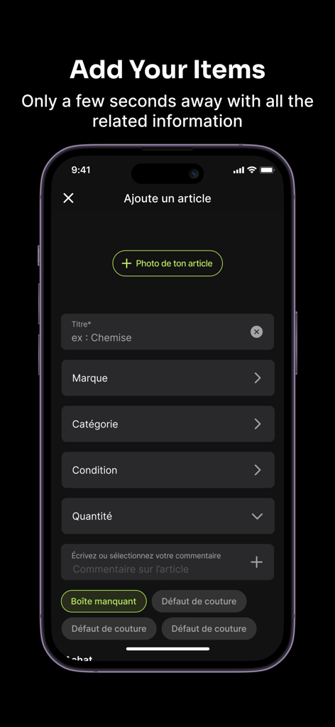 ControlResell 앱의 품목 추가 양식이 표시된 iPhone 화면으로 사진, 브랜드, 카테고리, 상태 필드가 있음
