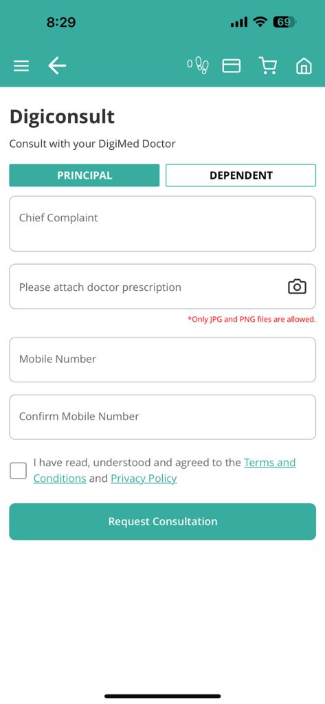 HeyPhil 2.0 digital medical consultation request form with fields for chief complaint and prescription attachment