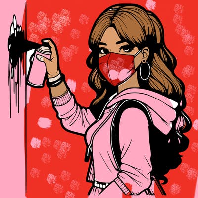 realistic girl with mask spray painting a wall