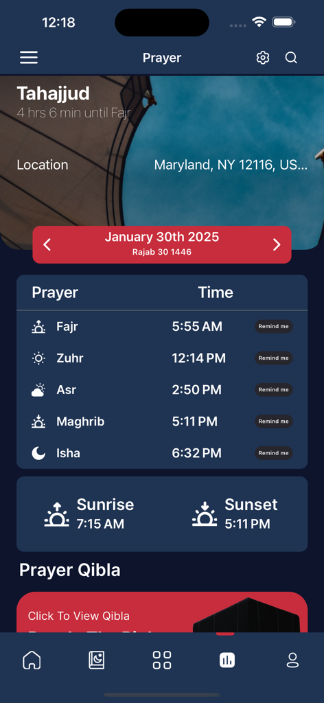 Alim Quran and Hadith Platform - The prayer times and Qibla finder screen of the Alim Quran and Hadith app