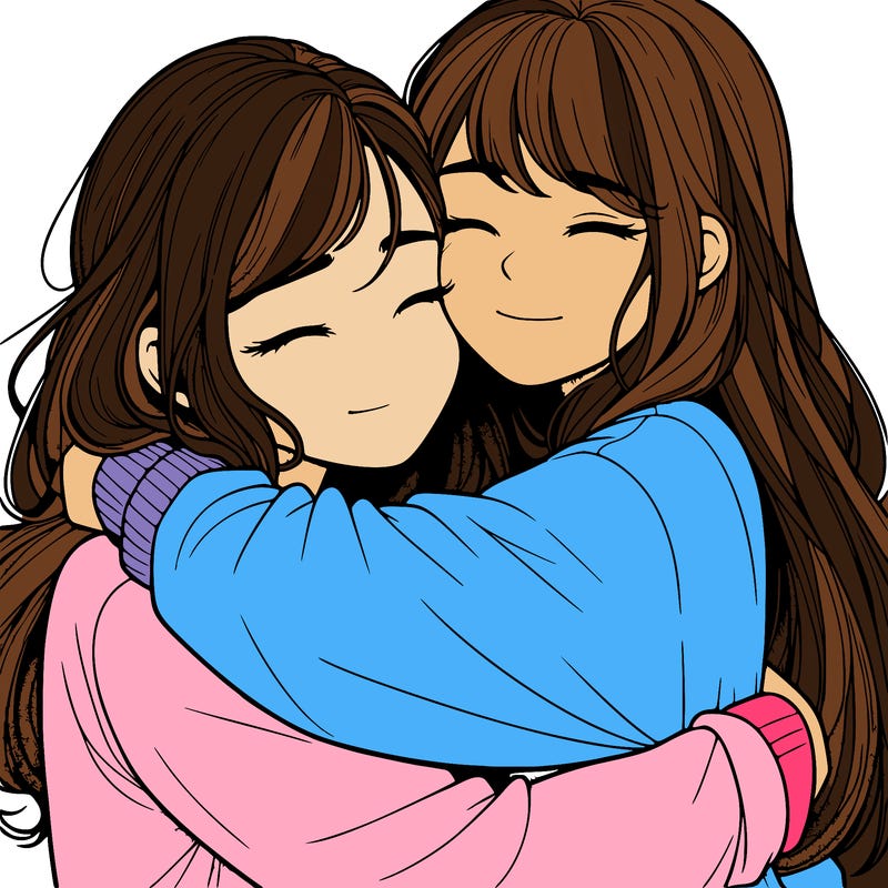 realistic two girls hugging