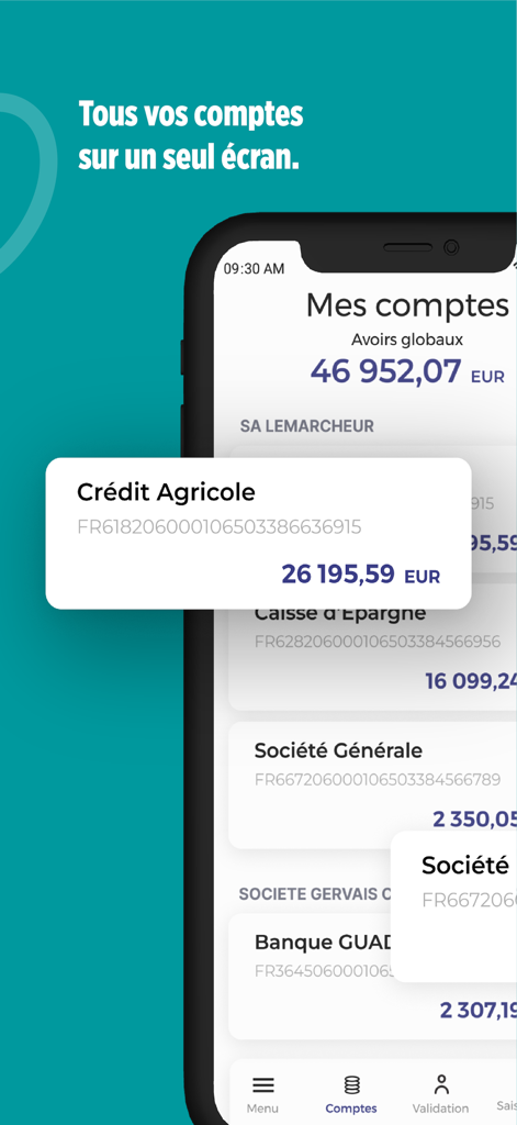 Screenshot of EDI Advanced mobile app showing a dashboard with multiple bank account balances in Euros.