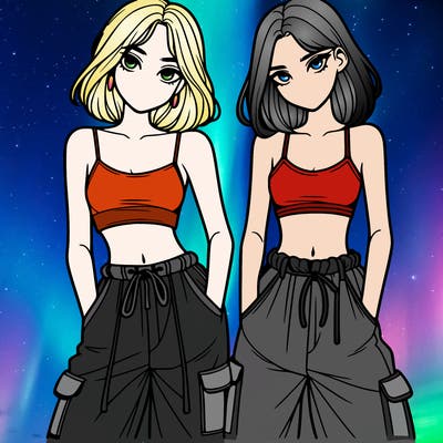 two girls with crop top with baggy pants