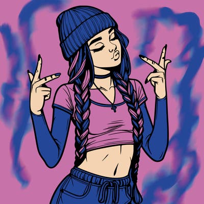 realistic teenage girl with braids and a beanie and crop top doing 🫶🏼