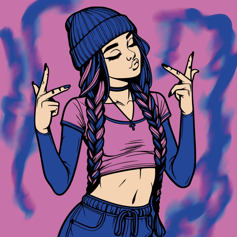 realistic teenage girl with braids and a beanie and crop top doing 🫶🏼