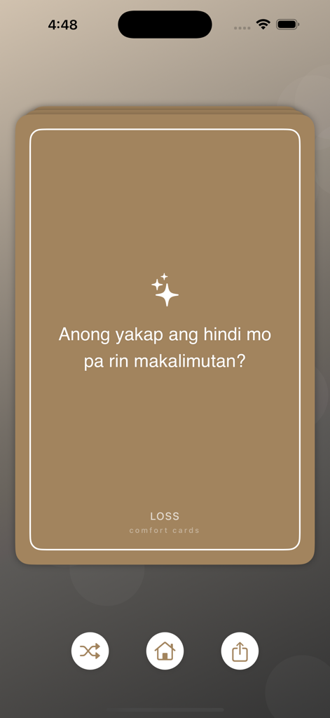 Comfort Cards - A brown digital card from the Comfort Cards app with a question in Tagalog about a memorable hug under the category of Loss.