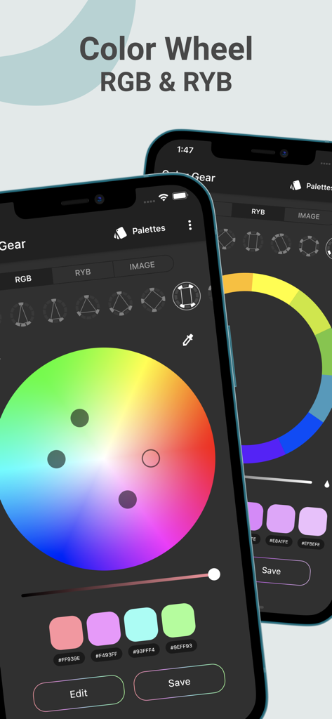 Color Wheel： Palette ColorGear - Interface of Color Wheel Palette ColorGear app showing RGB and RYB color wheels with hex code palette generation