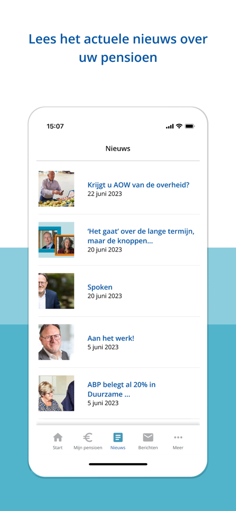 ABP Pensioen - The news feed section of the ABP Pensioen app displaying various pension-related articles and updates.