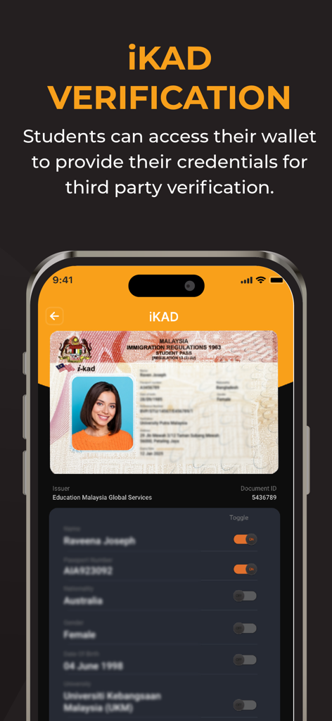 EMGS Hub - Digitaler iKAD Studentenpass in der EMGS Hub App zur Überprüfung durch die malaysische Einwanderungsbehörde
