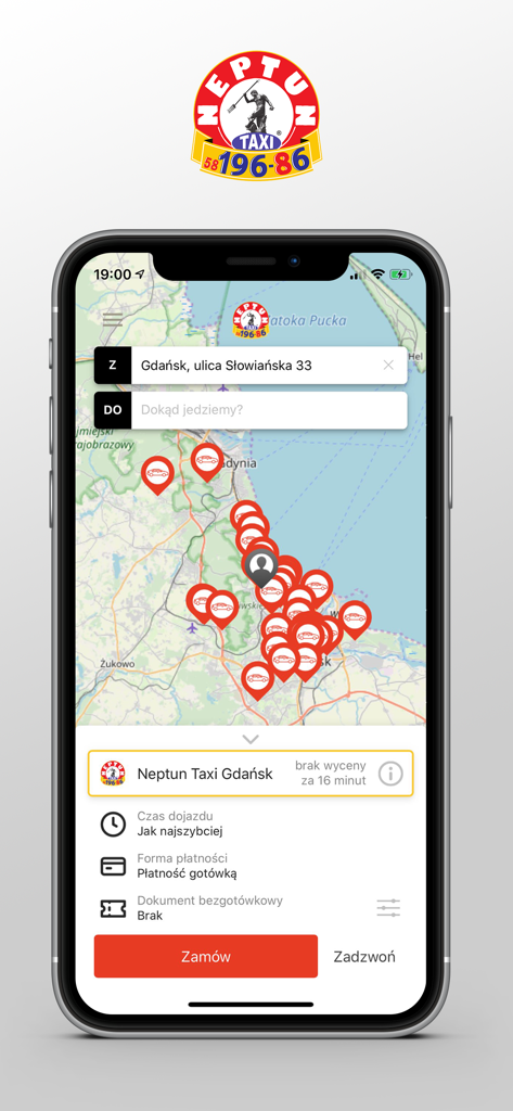 Neptun Taxi Gdańsk 19686 - Interface da aplicação móvel do Neptun Taxi Gdansk mostrando localizações de carros num mapa e botões de reserva