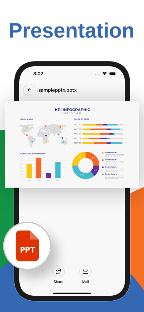 All Document Reader PDF Reader - Mobile app interface displaying a PowerPoint presentation with KPI infographics and sharing buttons.