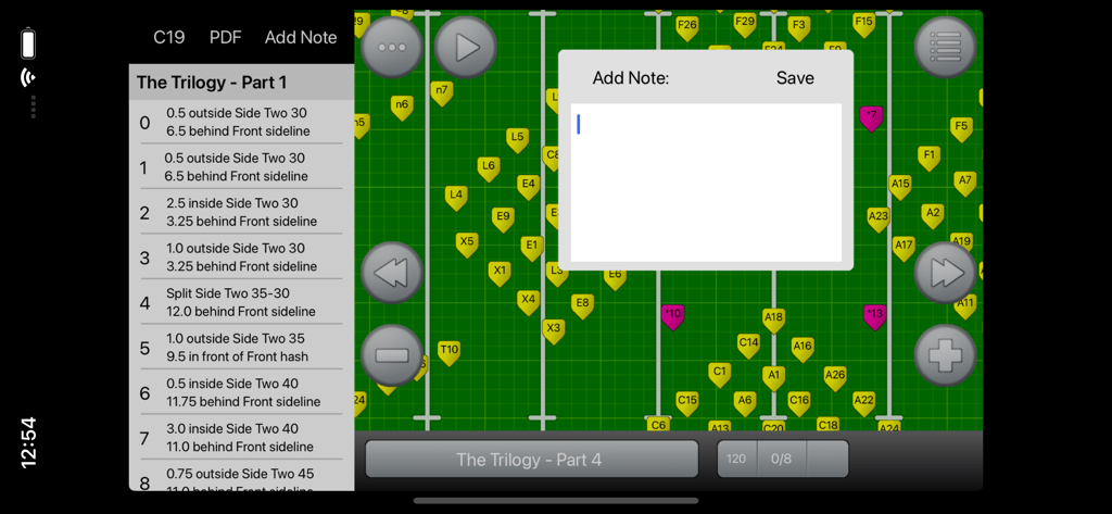 Drillbook Next Reader - Marching band drill chart interface with a digital note taking window in the Drillbook Next Reader app