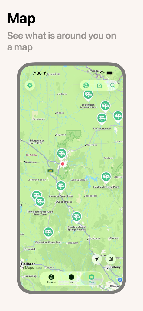 Caravan Helper - Caravan Helper app map view showing various caravan dump points across Australia