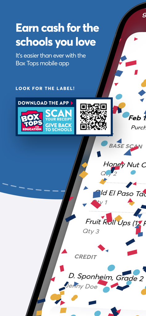 Box Tops for Education™ - Promotional graphic for Box Tops for Education app showing receipt scanning and school funding rewards