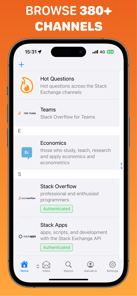 Crew - Stack Overflow Code Q&A - Mobile interface of the Crew app displaying a list of Stack Overflow channels and communities