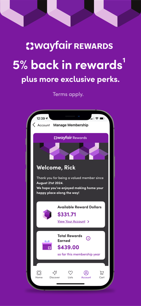 Wayfair – Shop All Things Home - Interfaccia dell'app Wayfair che mostra il saldo dei premi di adesione e un incentivo del cinque percento di rimborso