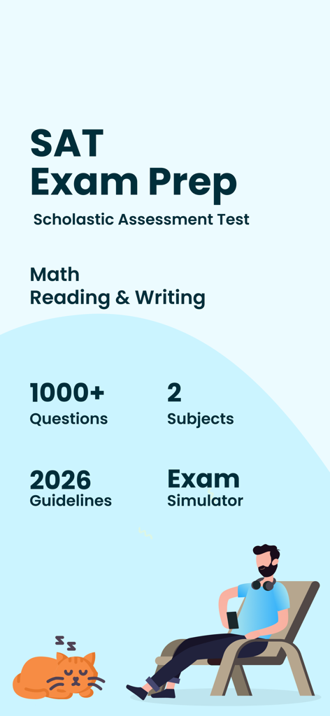 Tela de introdução do aplicativo SAT Exam Prep 2026 destacando recursos como mais de 1000 questões e um simulador de exame com uma ilustração relaxante de estudante