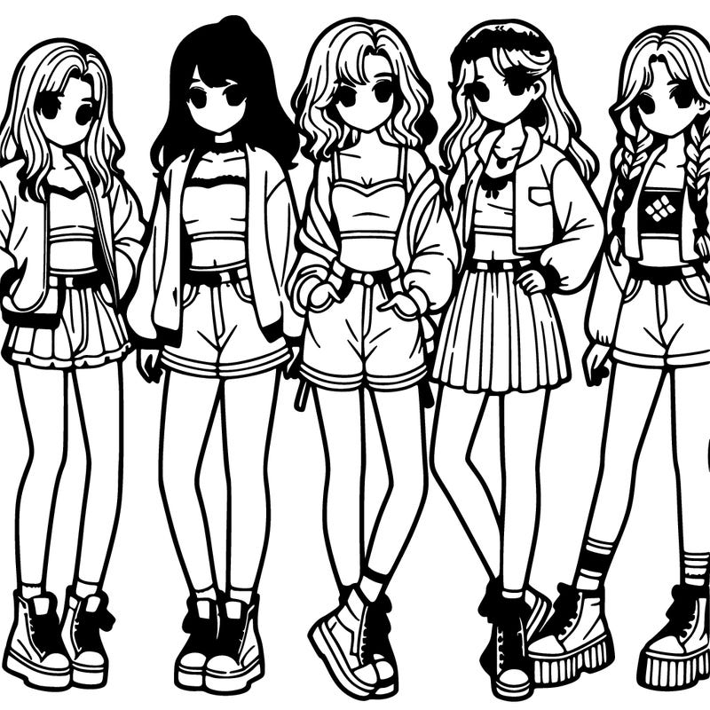 1 group of 5 girls one with long hair, crop top with jacket and flairs, another with short hair, long sleeved top, and shorts, another with a cute ponytail, crop top and skirt and another with braids, a skirt, and a crop top with a jacket