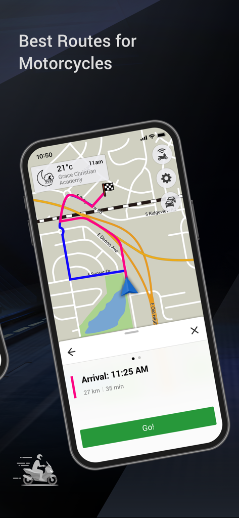 Garmin StreetCross App-Oberfläche mit einer Motorradroute auf einer Karte mit Ankunftszeit und Wetterdetails.