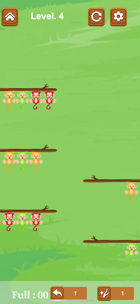 Un niveau de puzzle dans Device Nest Monkey où des singes colorés pendent aux branches attendant d'être triés par couleur.