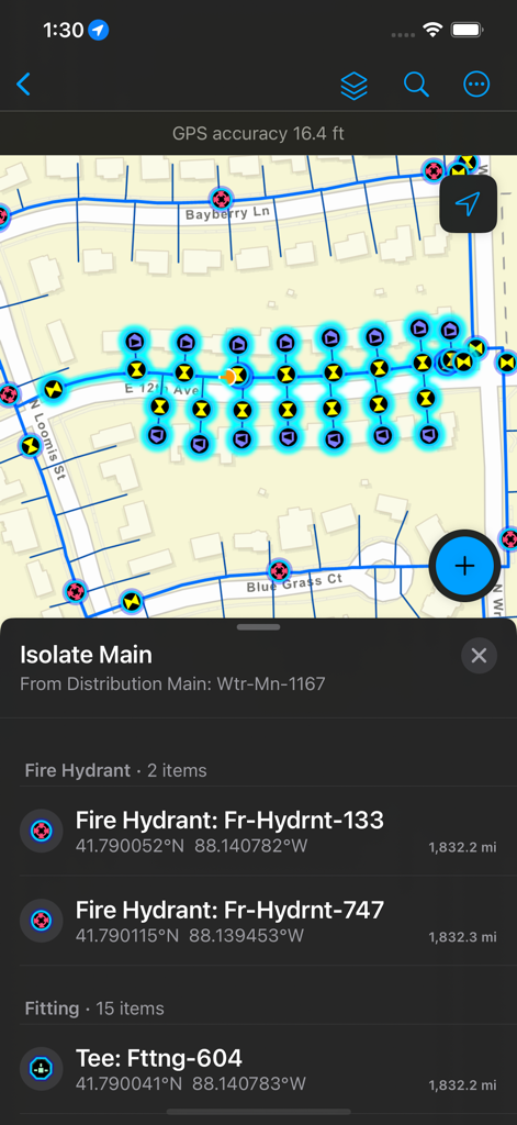 ArcGIS Field Maps - ArcGIS Field Maps screen showing a utility network map with fire hydrant locations and asset details