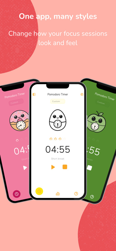 Drei Smartphones, die verschiedene ästhetische Farbthemen und niedliche Timer-Charaktere wie einen Donut, ein Ei und einen Apfel in der Oberfläche der Pomodoro Timer App zeigen
