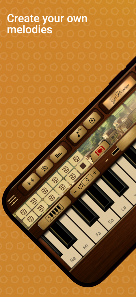 Zurna Sim - Interfaz de la aplicación Zurna Sim con un teclado de piano con notas musicales tradicionales y un diseño con textura de madera