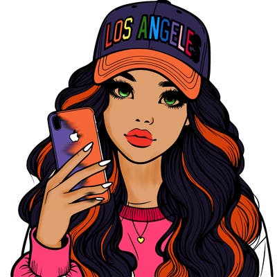 realistic beautiful girl wearing los ángeles cap holding an iphone