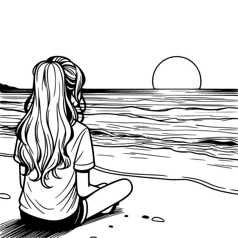 a girl watching the sunset on the horizon at ocean realistic
