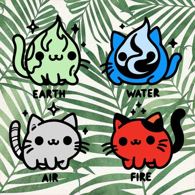 4 cats that represent the different elements, earth, water, air, and fire